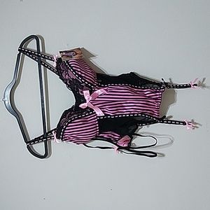 Leg Avenue Black And Pink Striped Corset And G-String Panty